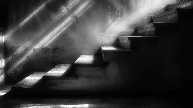 Old staircase interior with steps struck by a narrow sunbeam, casting long dramatic shadows into darkness.