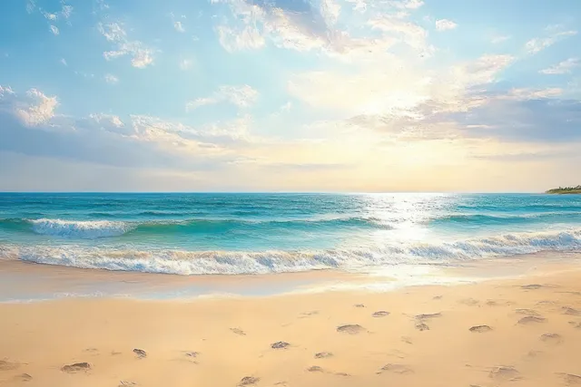 Gentle waves roll onto a sandy shore with wet footprints under a soft partly cloudy sunrise sky.
