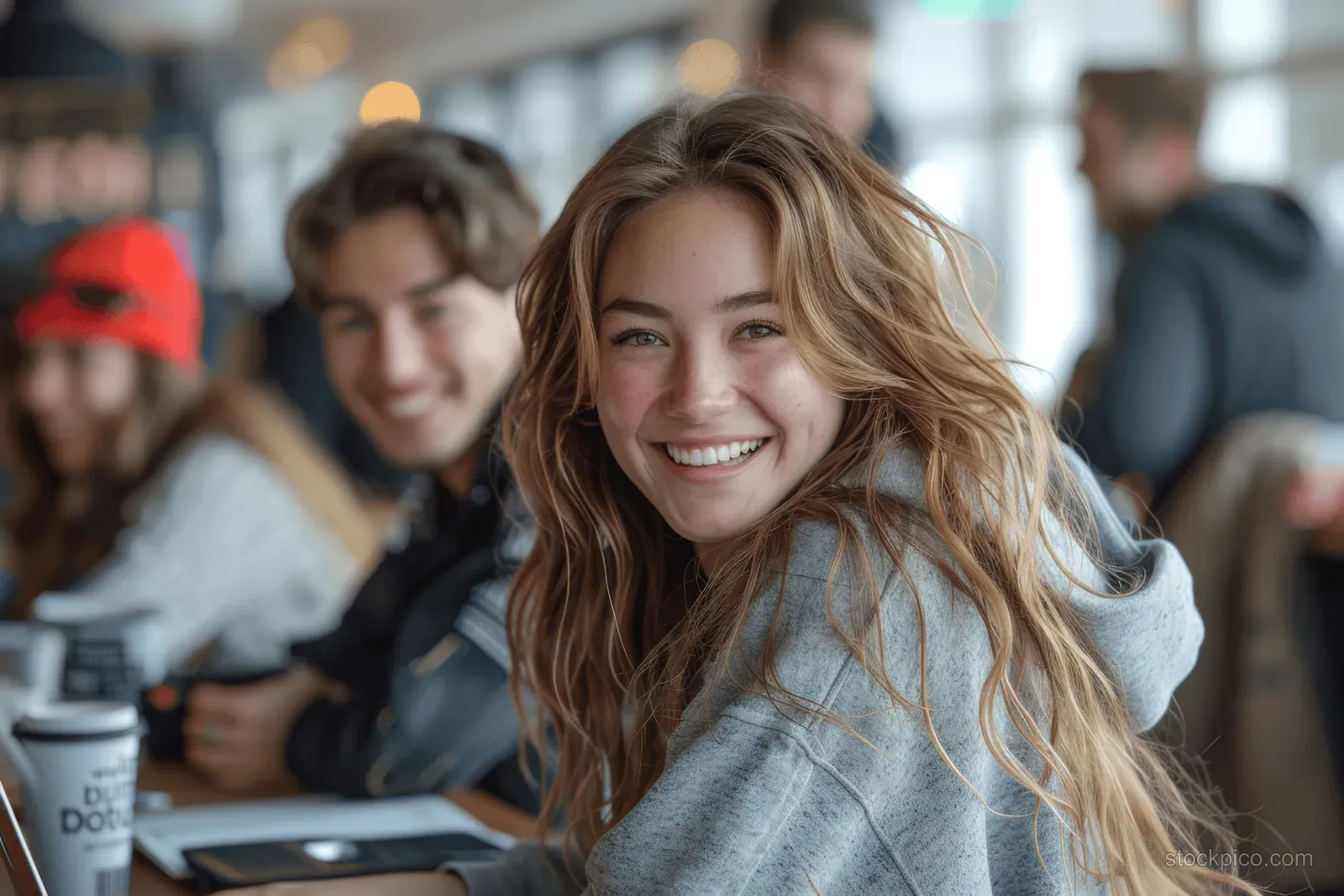 Students sit at a university café table using laptops while discussing study topics together.