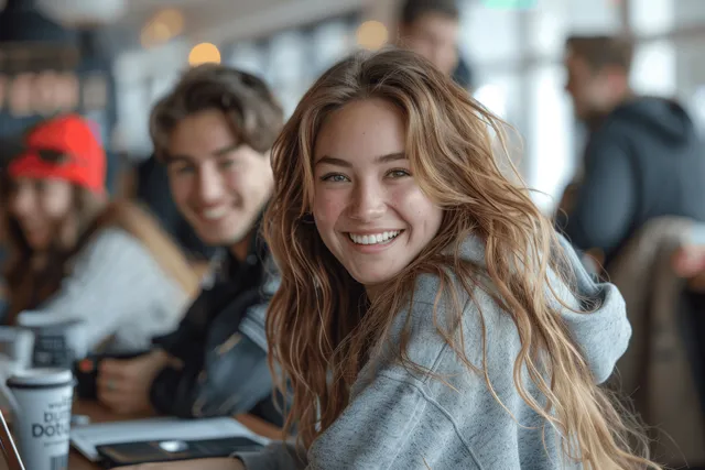 Students collaborating with laptops in a university café, smiling and discussing together