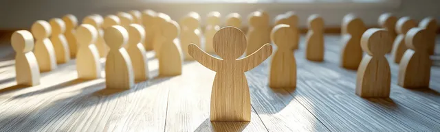 A single wooden leader figure stands among other figures in a warmly lit room with soft shadows.
