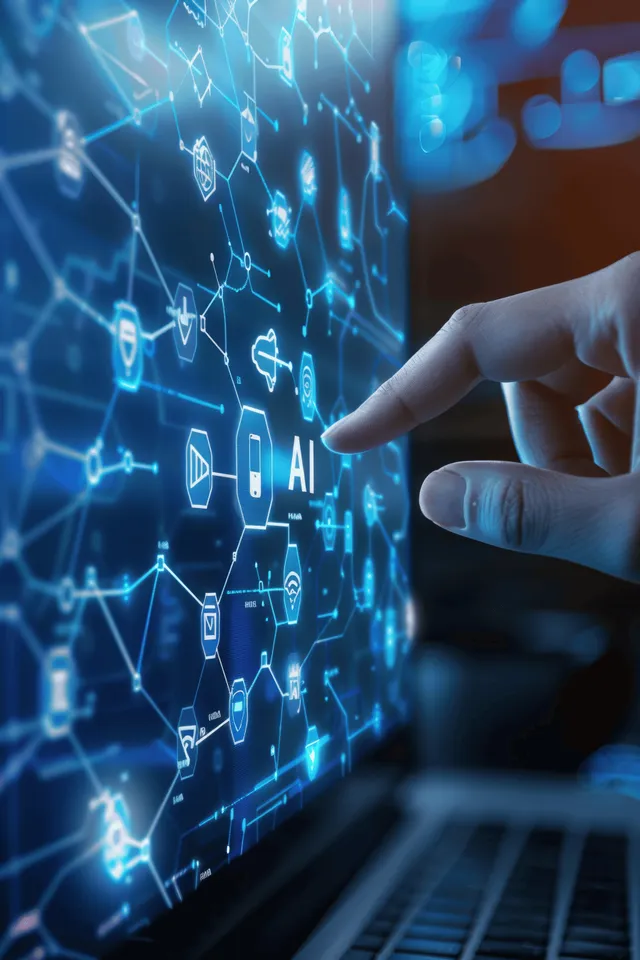 A finger taps a glowing AI interface as connected data nodes and cloud graphs float on a digital screen.