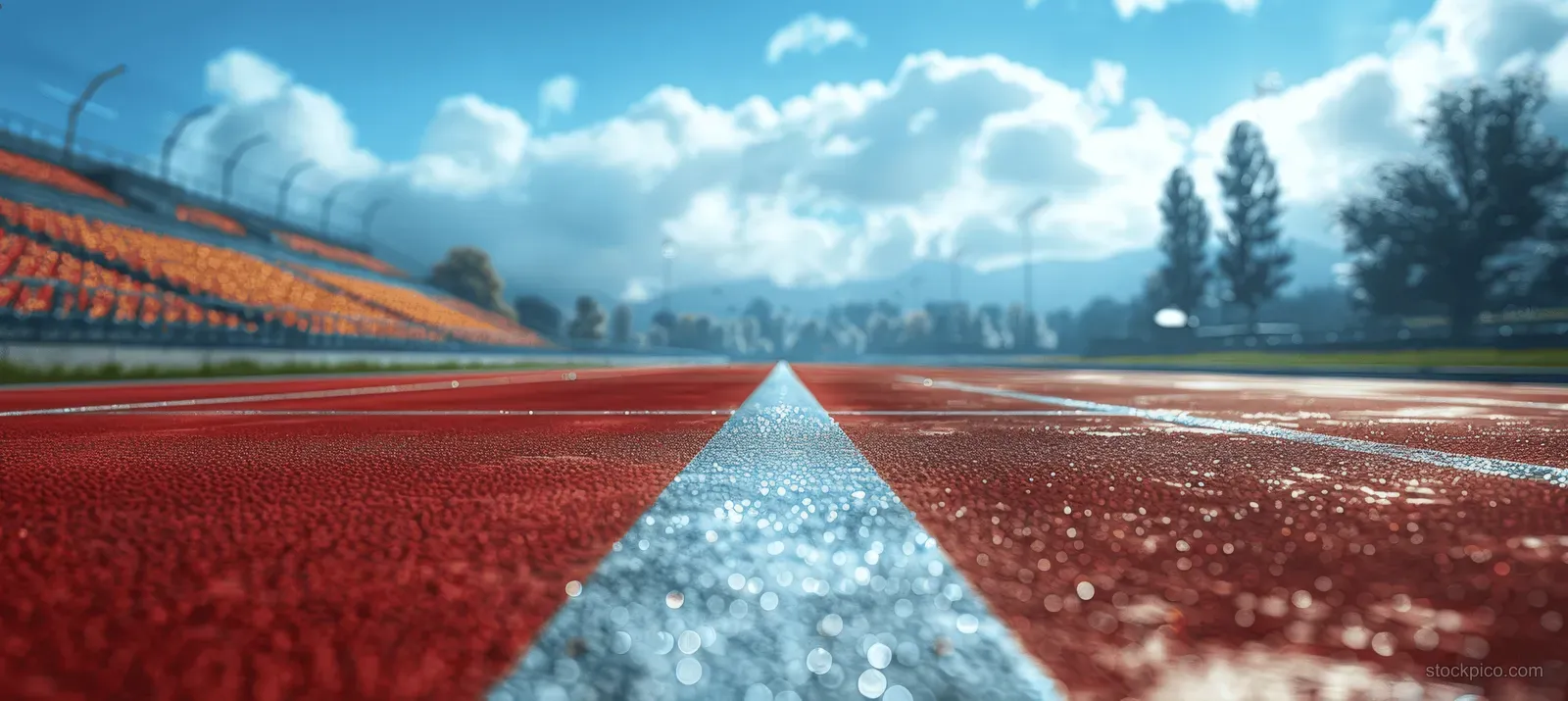 A wet red running track with dew droplets leads toward empty stadium stands beneath cloudy skies.