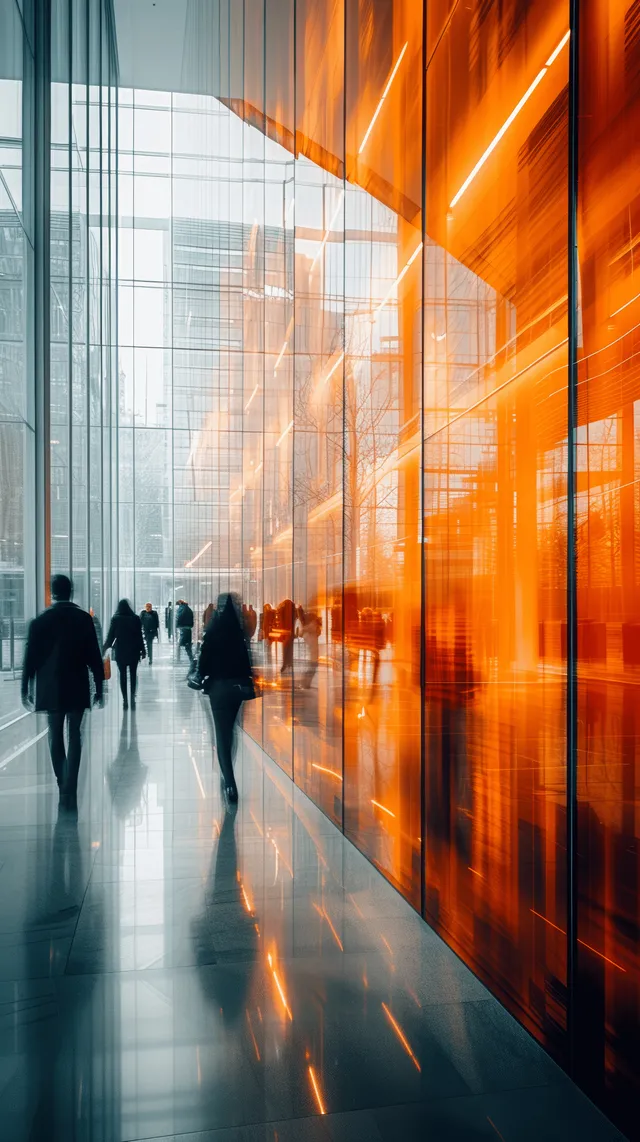 Employees walk through a glass-walled office corridor lit with vivid orange panels, with motion blur trailing behind.