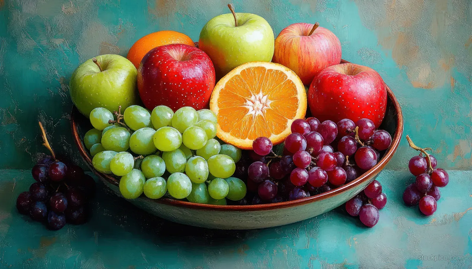 Ceramic bowl of apples, grapes, and orange slices arranged on a textured green background.