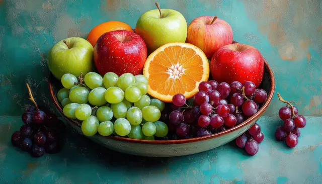 Ceramic fruit bowl filled with apples, grapes, and orange slices on textured green backdrop