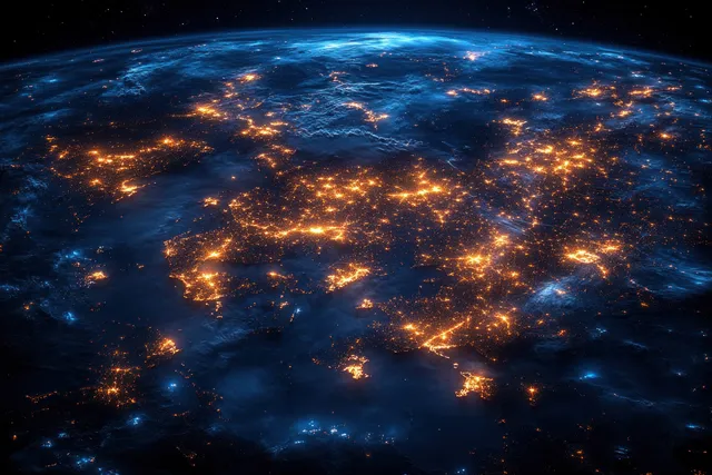 Satellite night view shows glowing city lights across Europe with dark seas and coastline shapes.