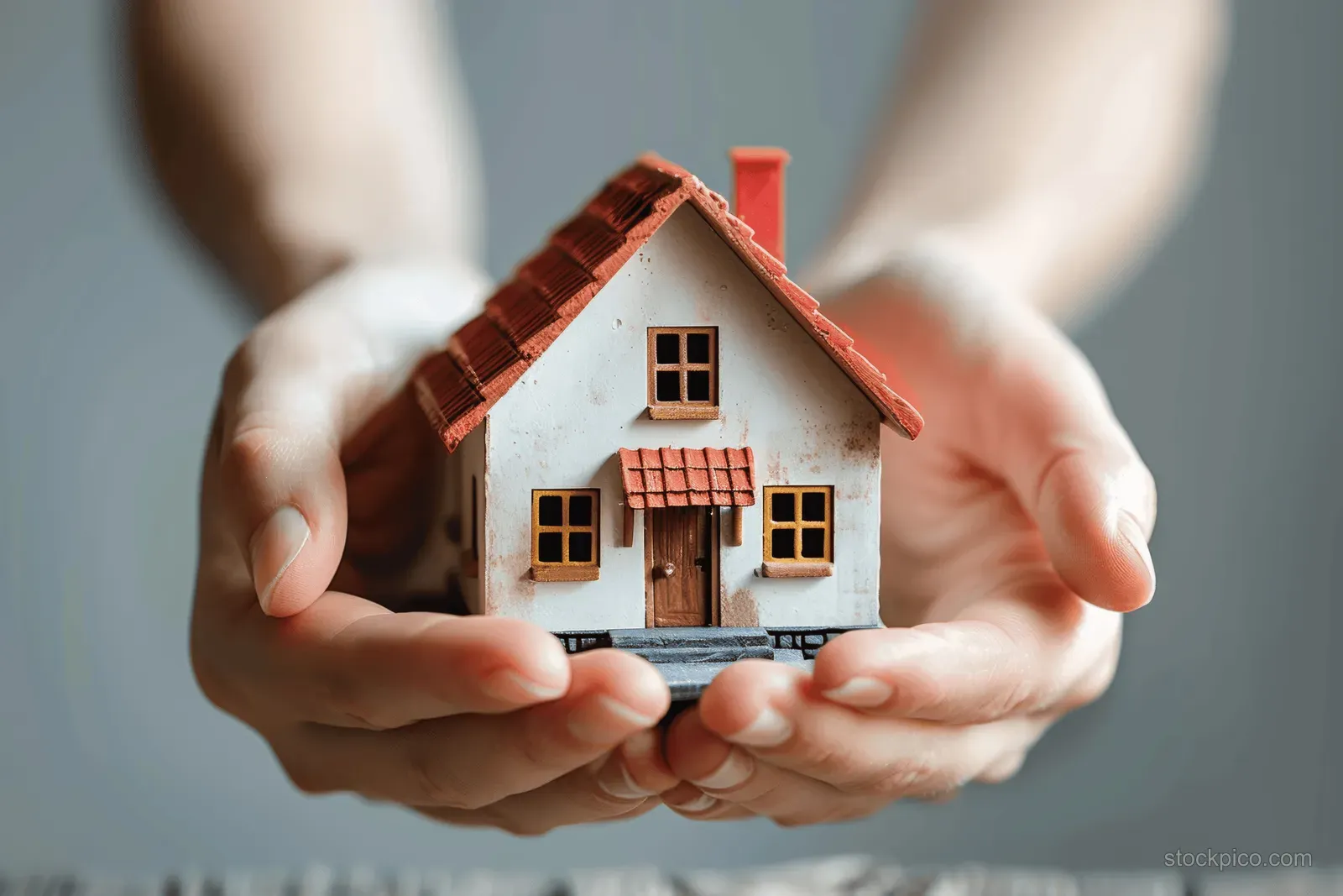 Hands gently hold a small red-roof house, symbolizing protection in real estate, home insurance, and mortgage planning.