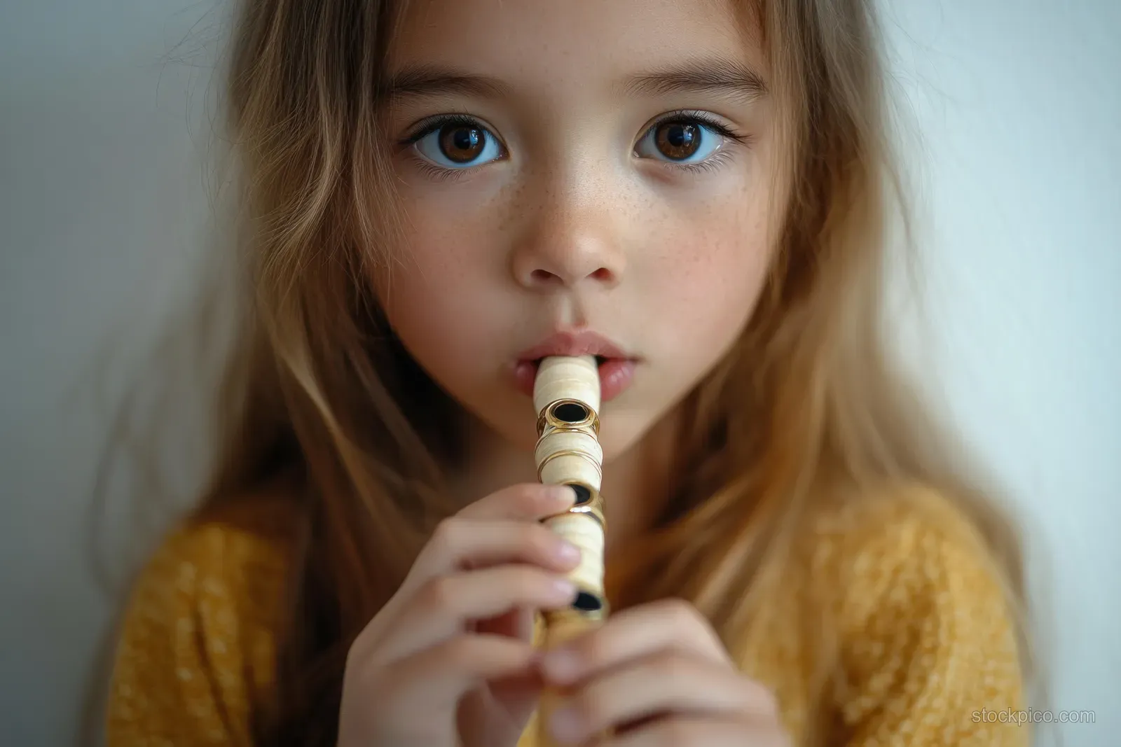 Young girl plays a recorder flute indoors, holding the instrument to her lips with a focused expression.