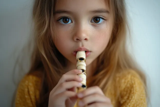 Young girl plays a recorder flute indoors, holding the instrument to her lips with a focused expression.