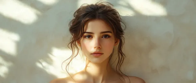 A young woman is seen from the back, bathed in soft natural light, showcasing her serene posture and skin texture.
