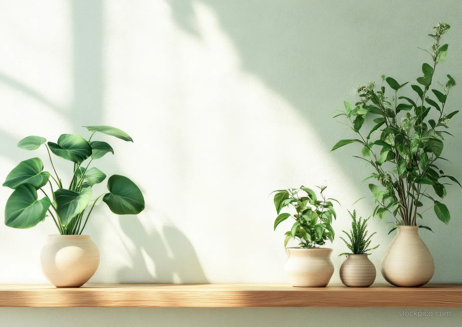 Potted green plants sit on a minimalist wooden shelf with sunlight creating leaf shadows on a light wall.