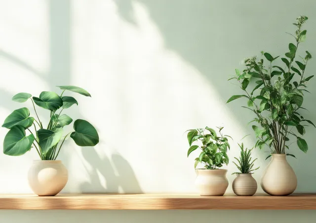 Green potted plants arranged on a minimalist wooden shelf with sunlit wall shadows with Botanical Still Life