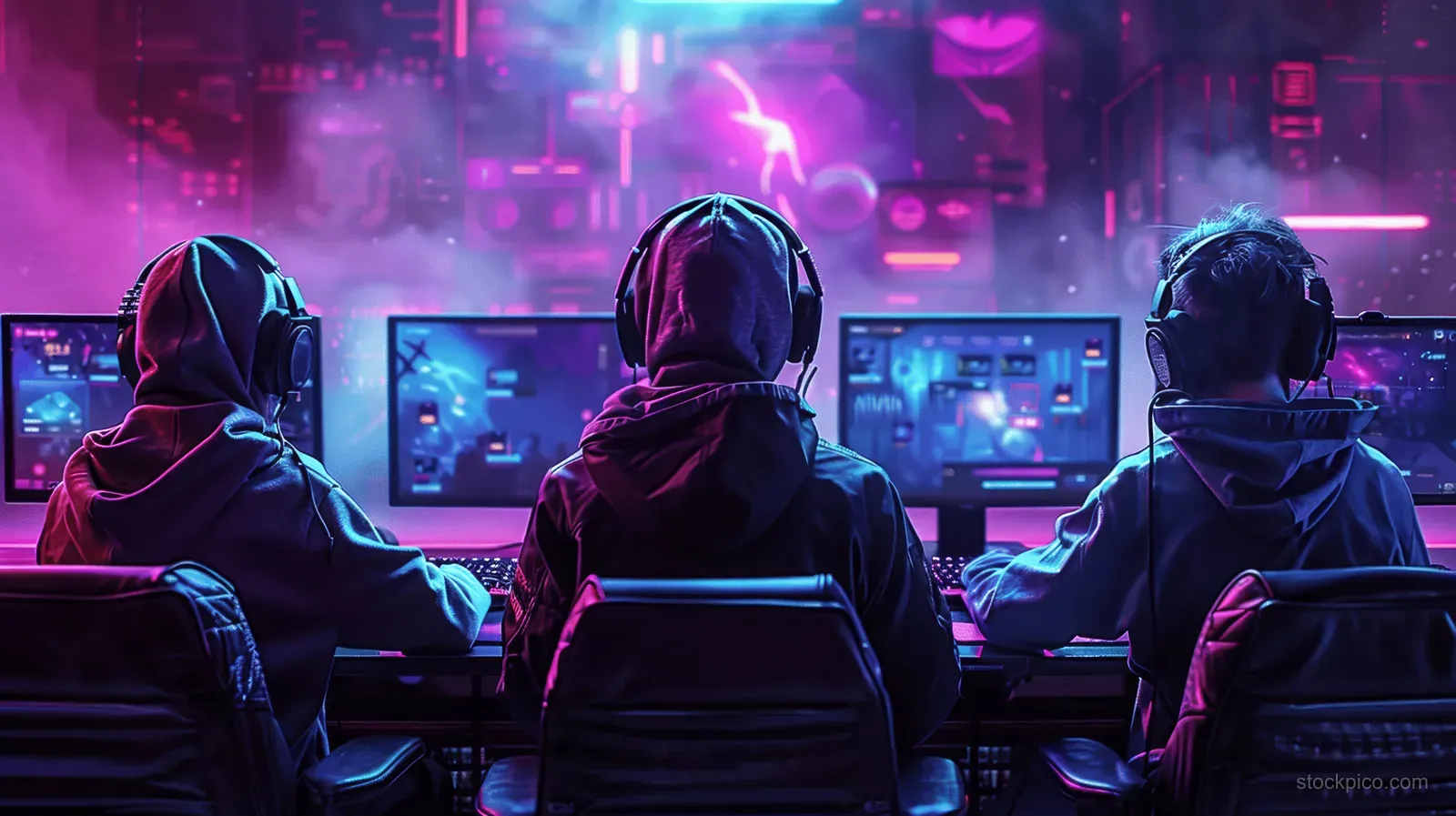 Three esports players sit at computers in a neon-lit futuristic room.