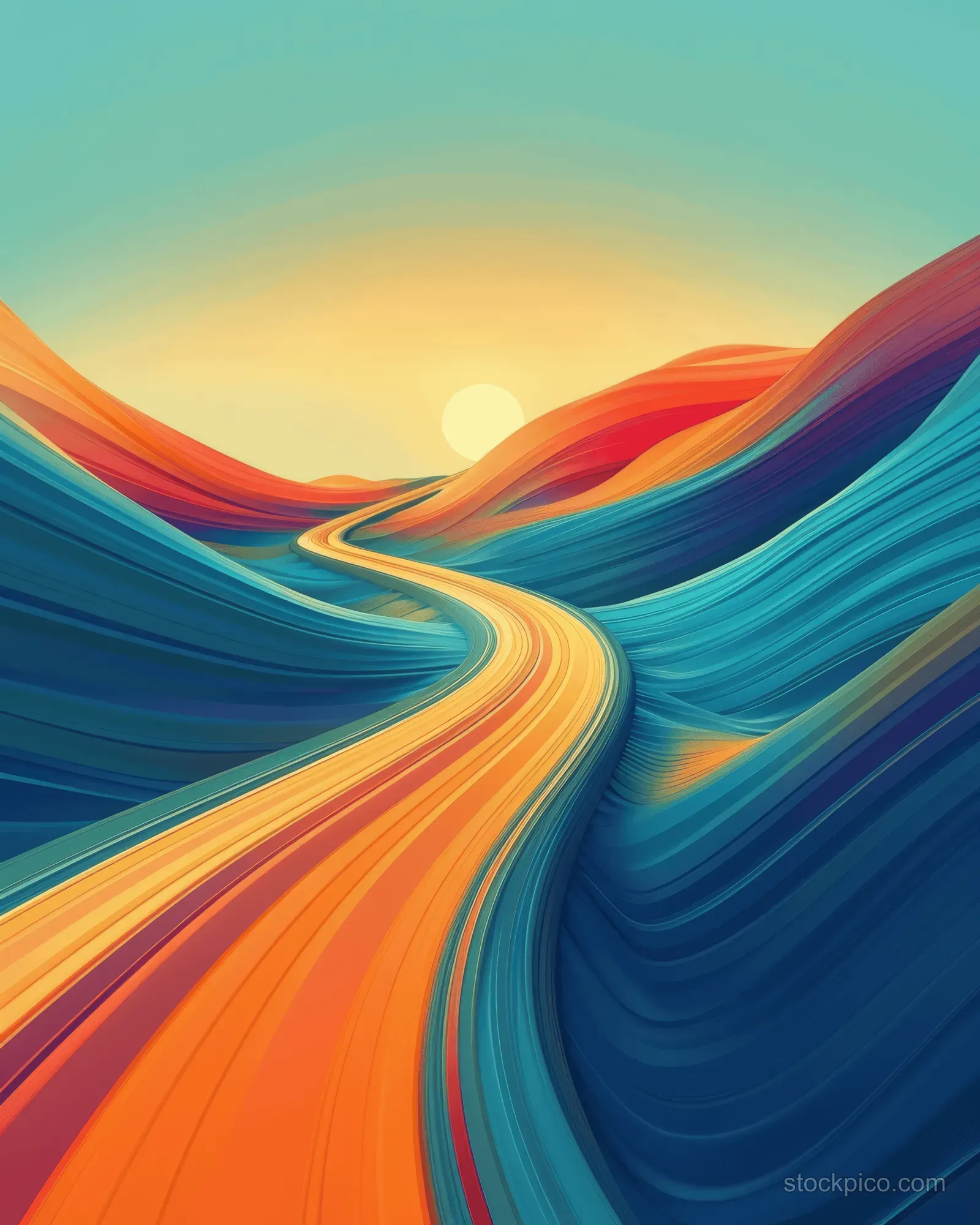 A curved highway with orange and blue gradient lanes leading to a glowing sunset horizon.