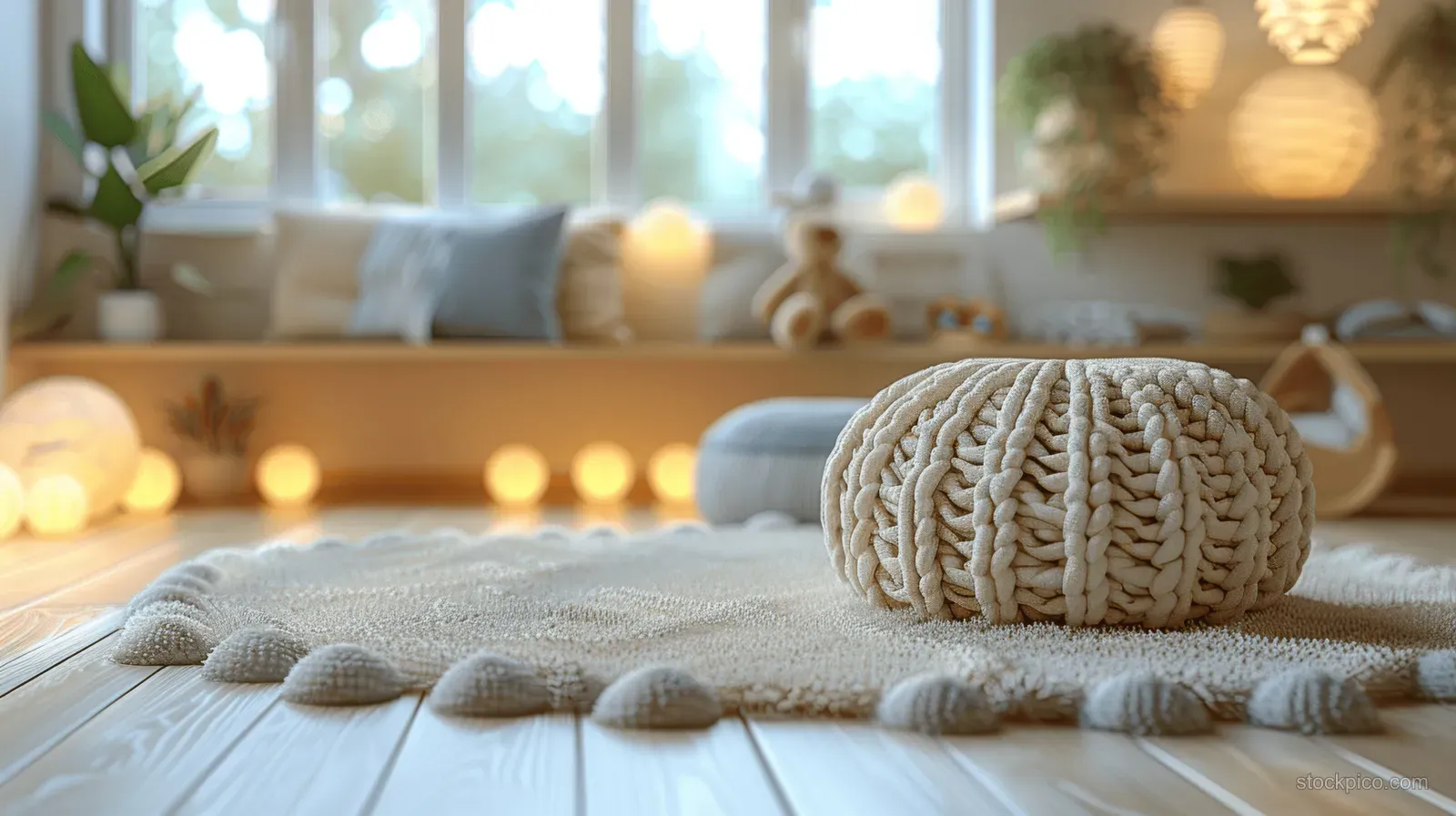 Sunlit children’s play nook with a textured rug, rolled knit blanket, and small toys on a clean living room floor.