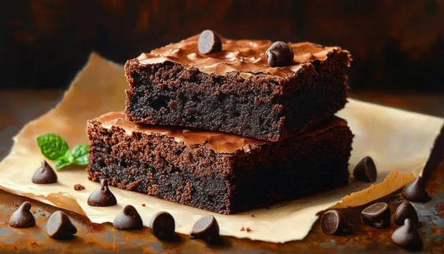 Stacked chocolate brownies sit on parchment paper with scattered chips and a mint leaf garnish.