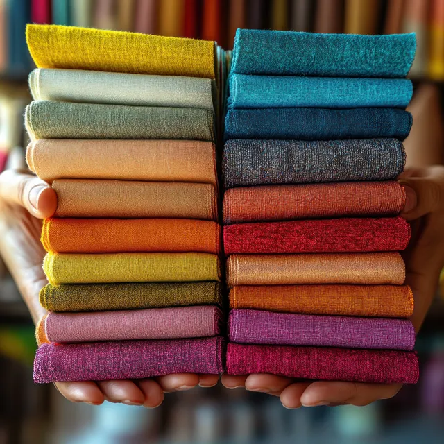 Hands hold stacked colorful fabric swatches showing folded textures on a studio workspace.