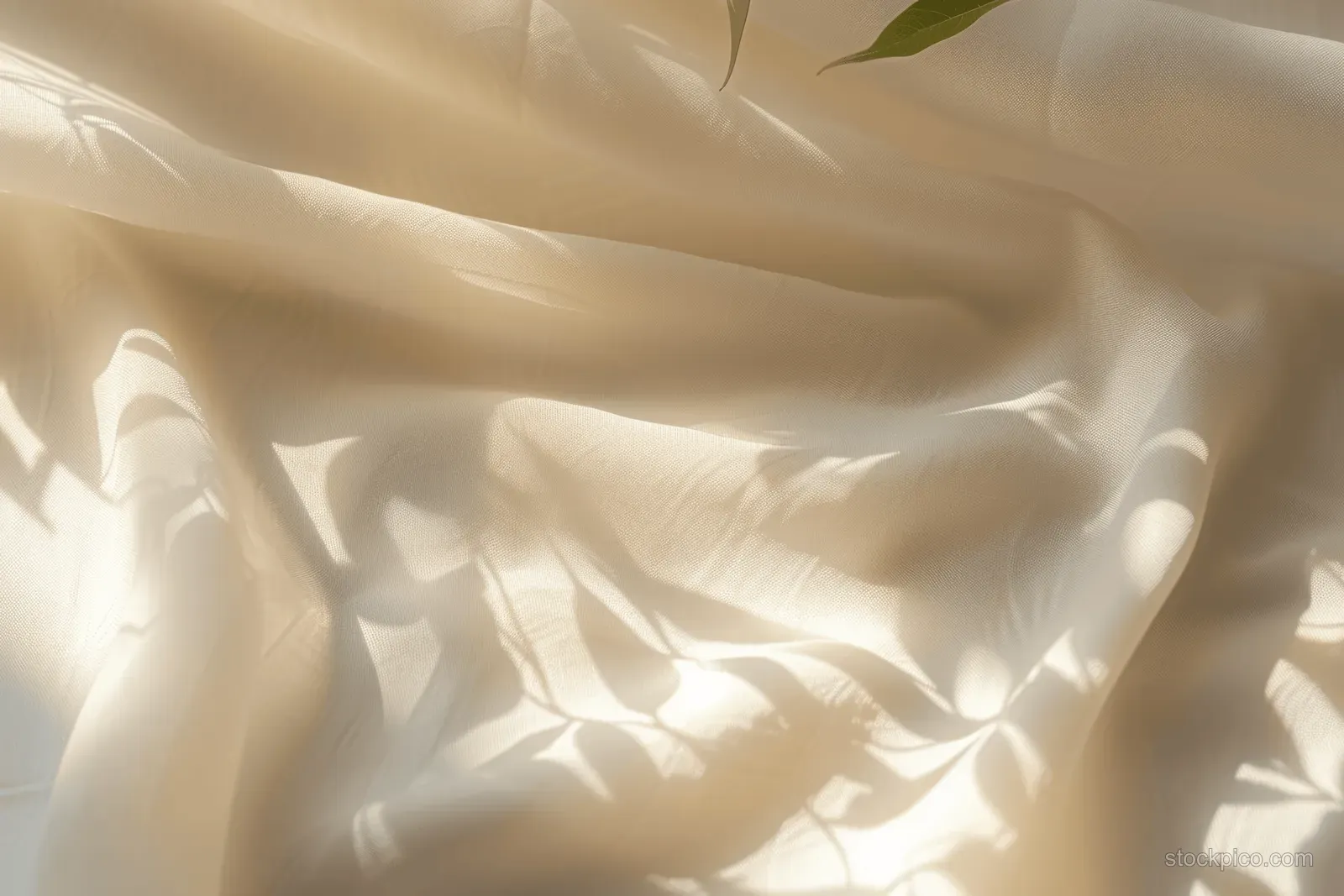 Beige fabric close up with soft folds and sunlit leaf-shaped shadows on the cloth.