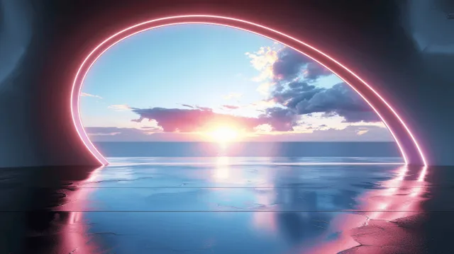 Neon arch gateway over reflective water under blue sky with glowing sunrise