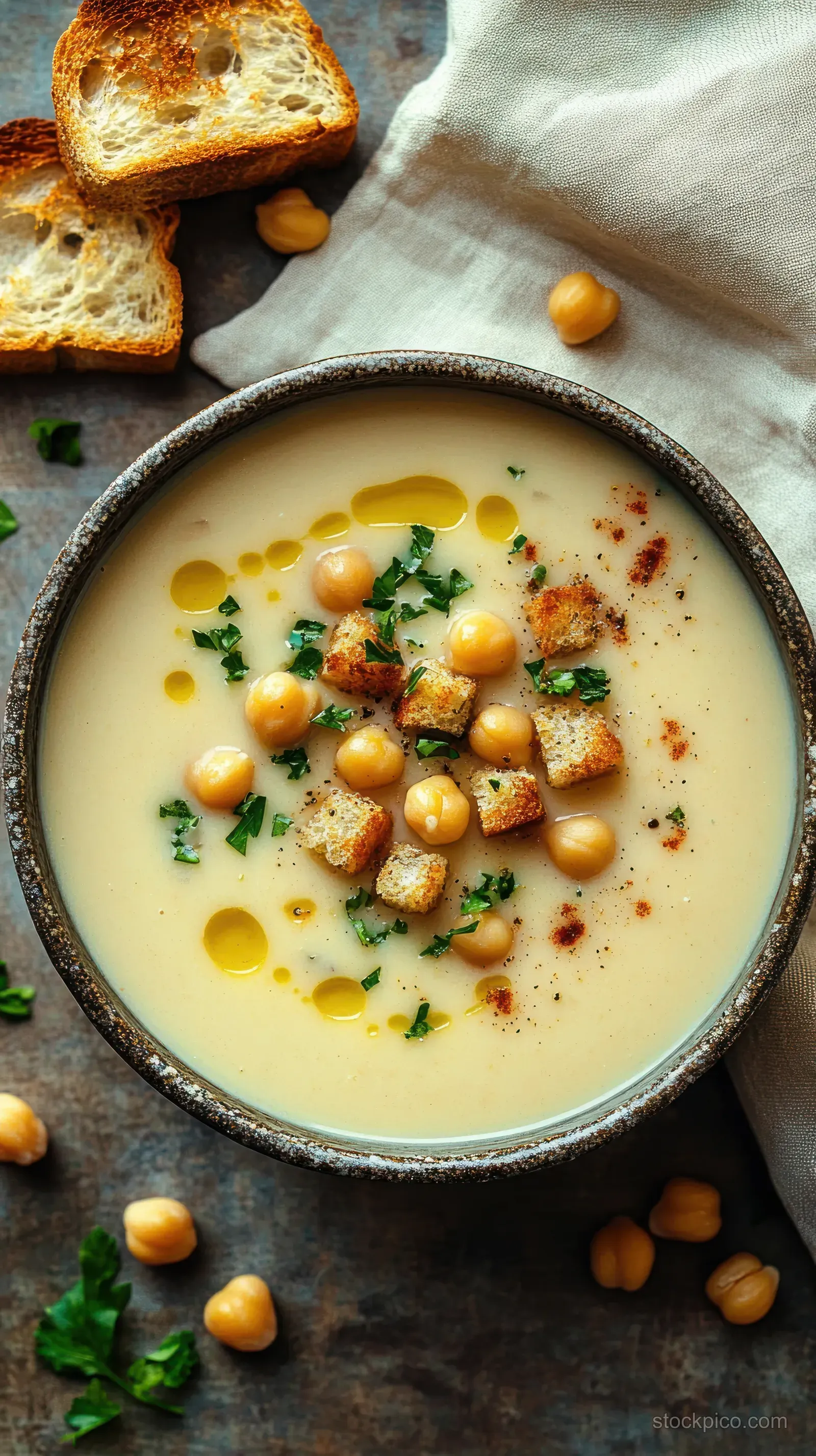 Creamy chickpea soup in a bowl with croutons, parsley, olive oil, paprika, and toasted bread on the side.
