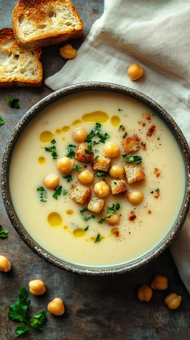 Creamy chickpea soup bowl topped with croutons, parsley, olive oil, paprika, and toasted bread