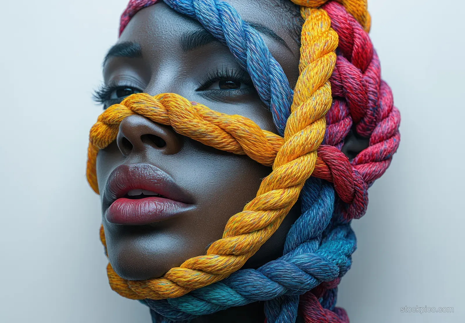 Close-up portrait of a woman with colorful braided ropes wrapped around her face against a light background.