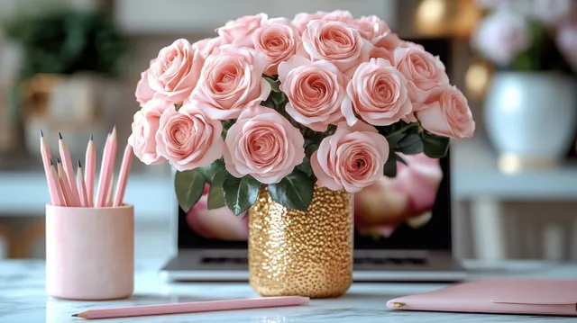 Soft pink rose bouquet in gold textured vase on marble desk with pastel stationery