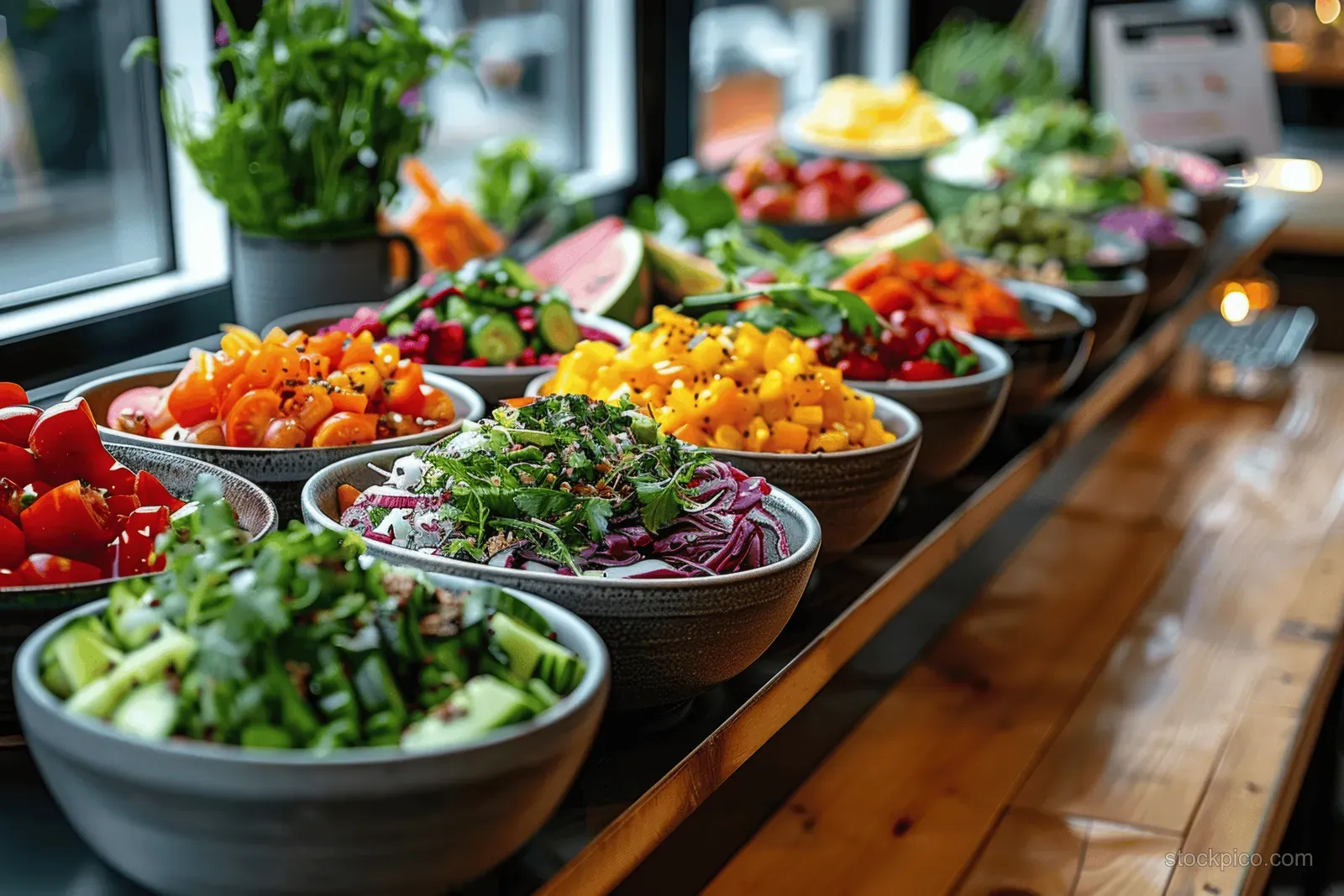Colorful vegan salad and grain bowls displayed on a cafe counter beside fresh juice glasses.