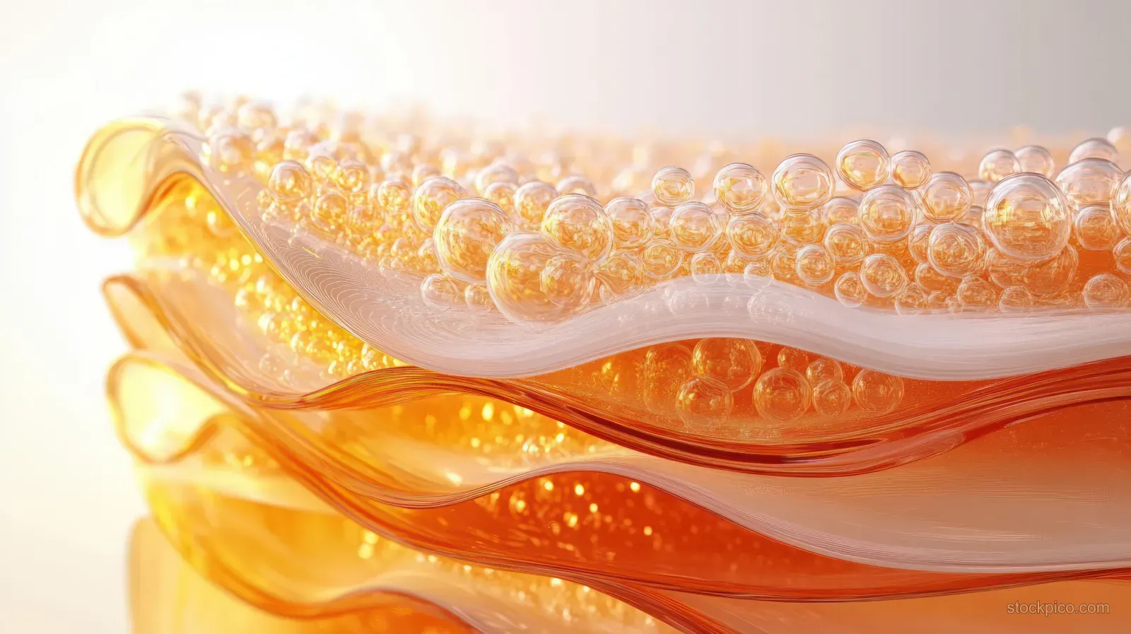 Translucent bubbles and orange wavy layers flow like a 3D serum illustration against a soft warm background.