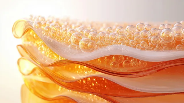 Translucent bubbles and orange wavy layers flow like a 3D serum illustration against a soft warm background.