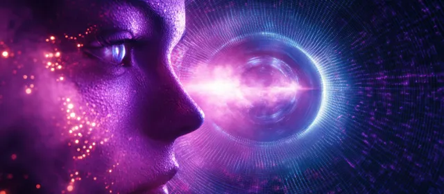 Cyberpunk abstract head profile with neon light halo and glowing data connection tunnel