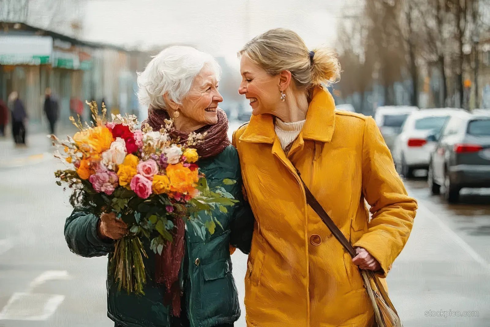 A companion in a yellow coat walks beside an elderly woman on a cold autumn street while carrying groceries and a bouquet.