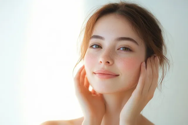 An Asian woman with hands near her face gazes upward against a bright minimal background.