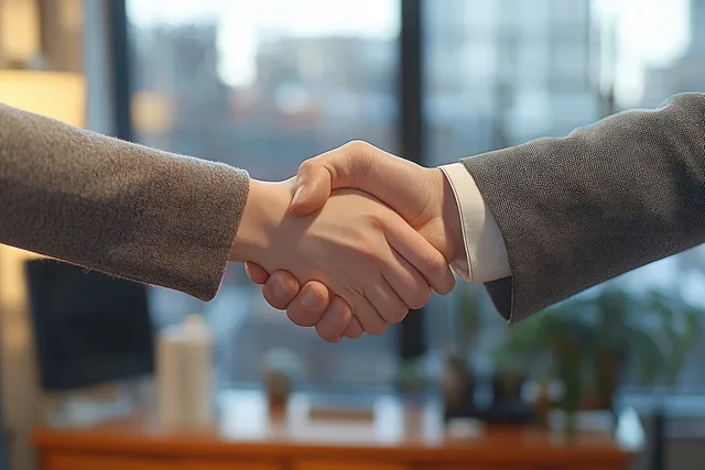 Two business professionals in suits handshake in a modern office with glass walls and blurred desks.