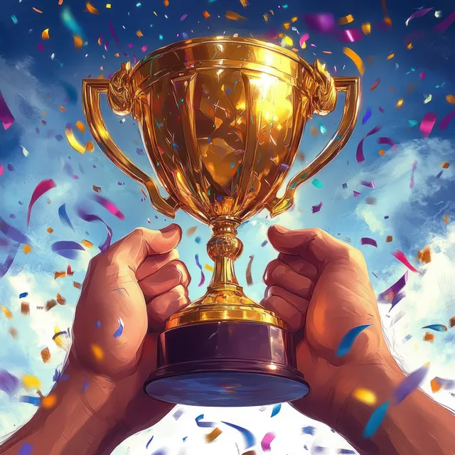 Two hands hold up a golden trophy cup while colorful confetti swirls against a bright blue sky.