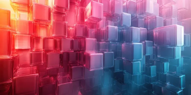 Glowing red and blue cubes stacked in a geometric abstract background with soft neon lighting.