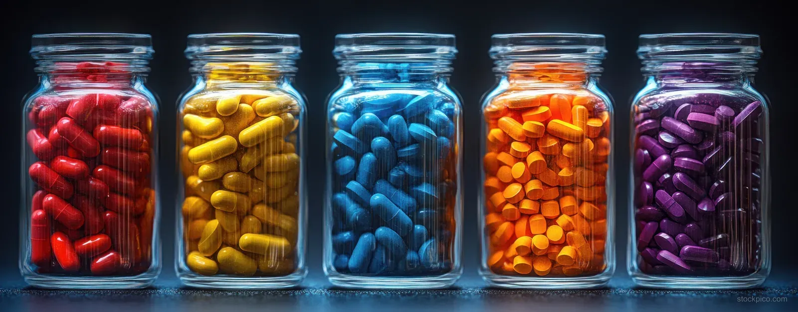Glass jars filled with colorful capsules are arranged in a row under soft blue-tinted lighting.