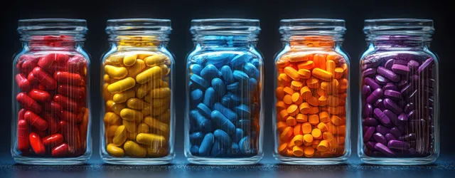 Glass jars filled with colorful capsules are arranged in a row under soft blue-tinted lighting.