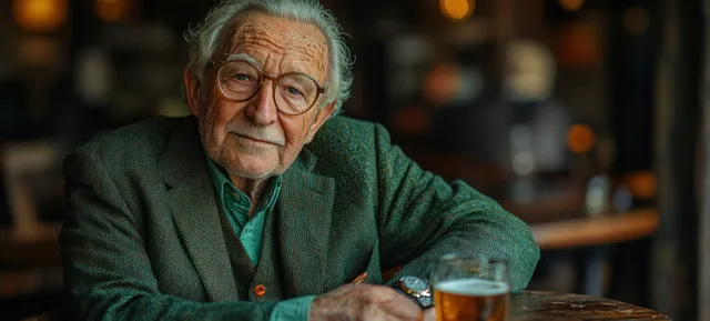 Elderly Irish man smiling and holding a pint of beer at a wooden table in a softly lit pub.