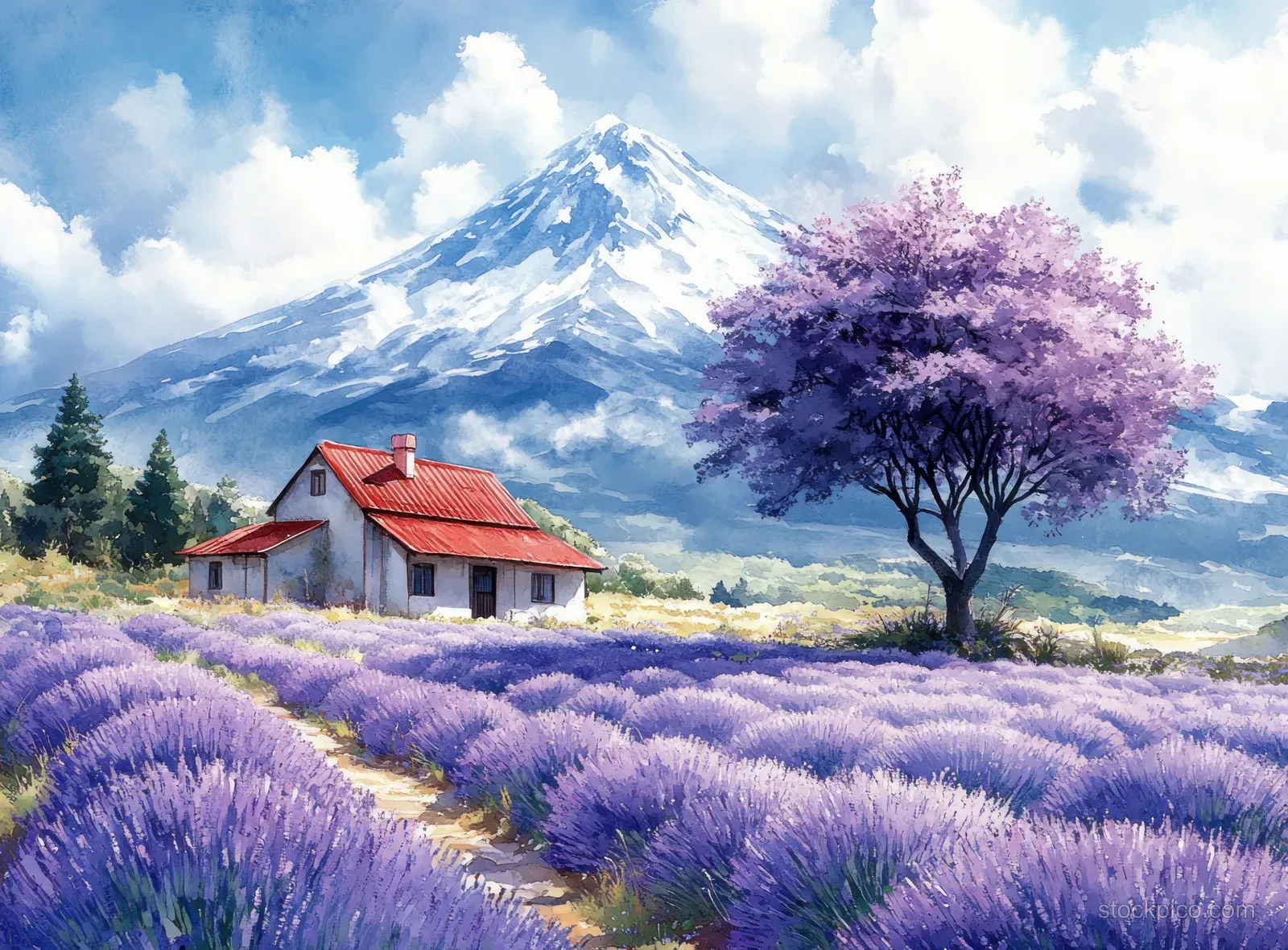Watercolor landscape of lavender rows with a red-roof cottage, purple tree, and snowy mountain under blue sky.