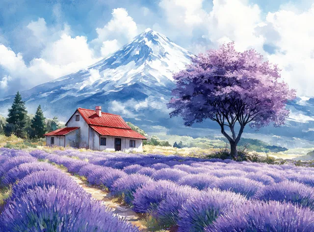 Watercolor lavender rows lead past a red-roof cottage and purple tree toward distant mountains