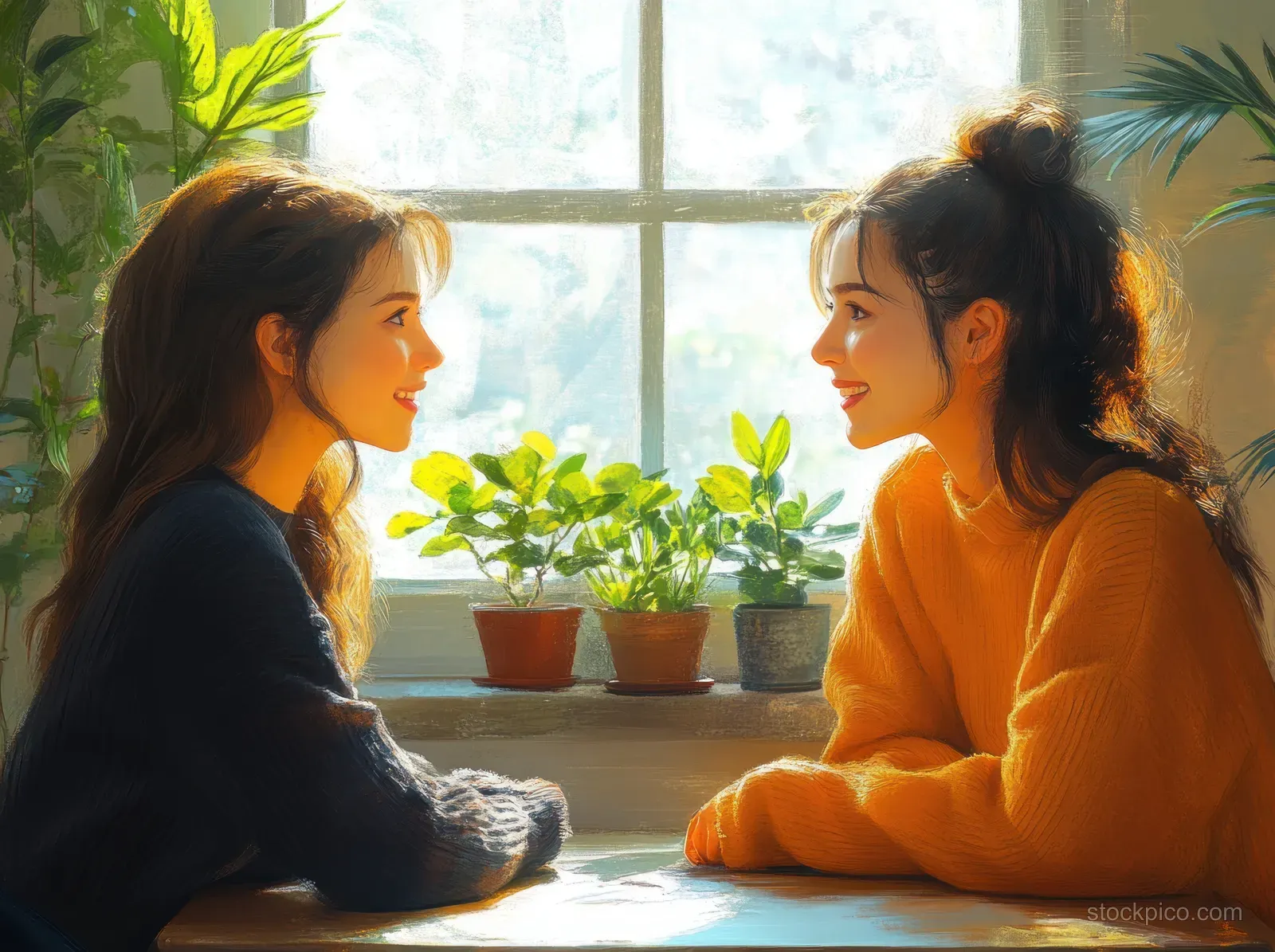 Pregnant woman and female psychologist talk across a table in a sunlit room with potted plants.