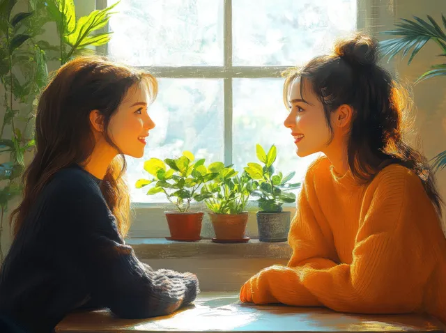 Pregnant woman and female psychologist talk across a table in a sunlit room with potted plants.