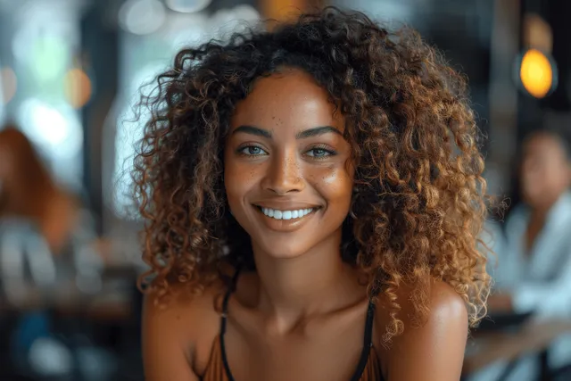 Curly-haired businesswoman sits in a conference room listening while coworkers blur in the background.