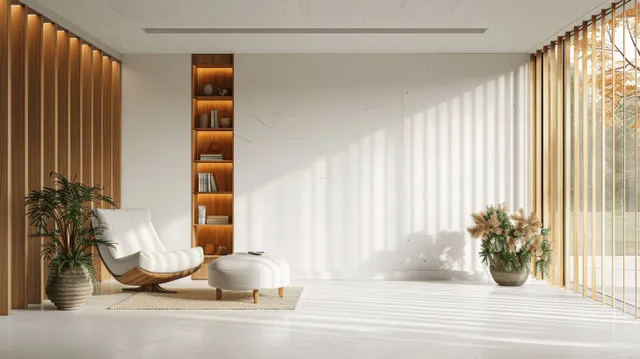 Minimal living room interior with armchair, wooden shelves, and vertical striped blinds in sunlight