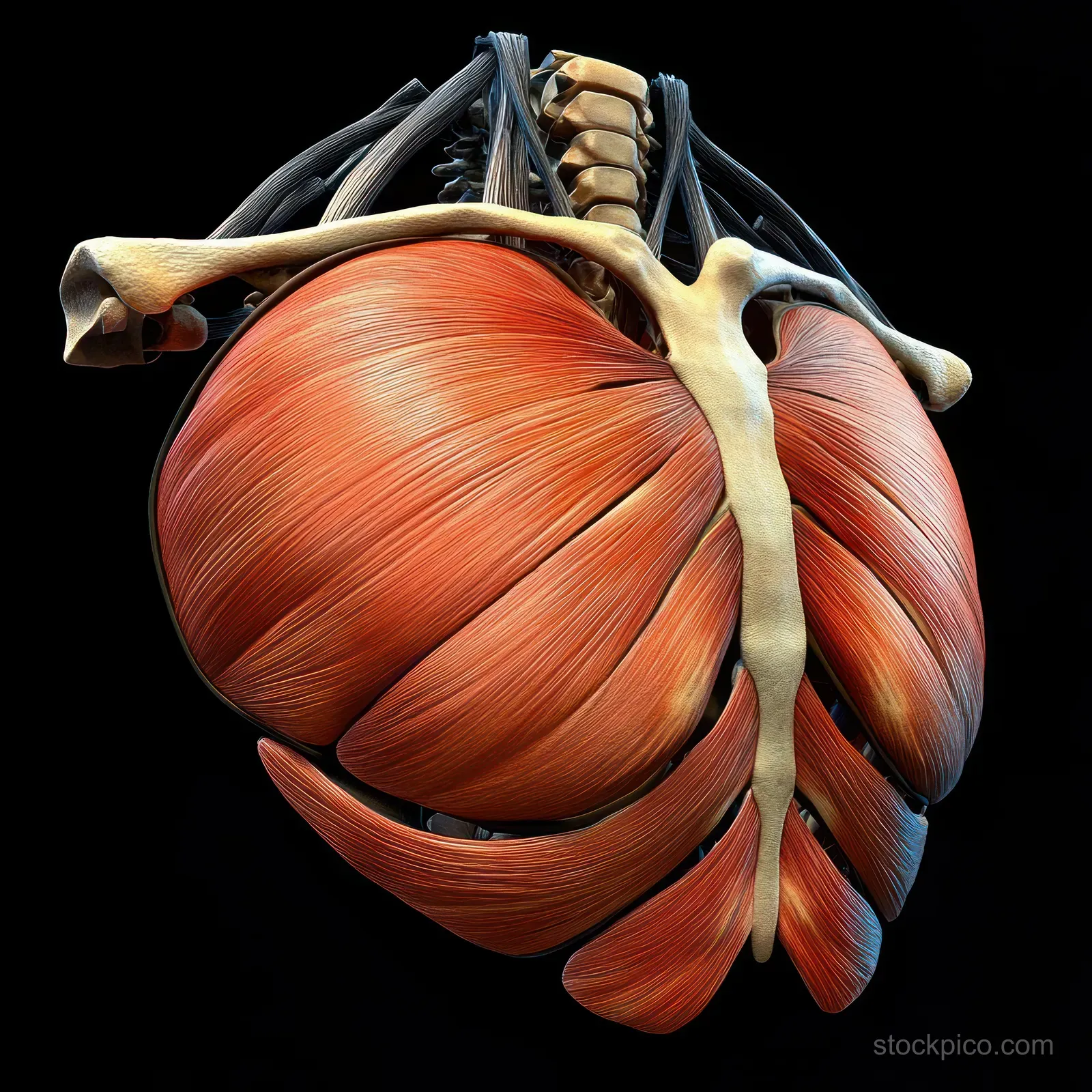 3D anatomical rendering of the pectoral muscle with ribs and tendons floating on a black background.