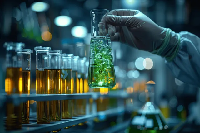 Gloved scientist holds a beaker containing bright green liquid while other lab glassware sits behind.