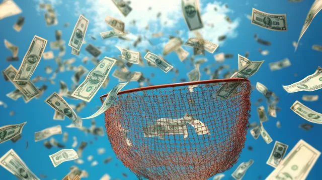 Catching Flying US Dollar Bills with a Net Over a Dreamlike Blue Sky Background