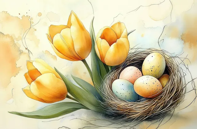 Yellow tulips beside Easter eggs in a nest over watercolor pastel wash